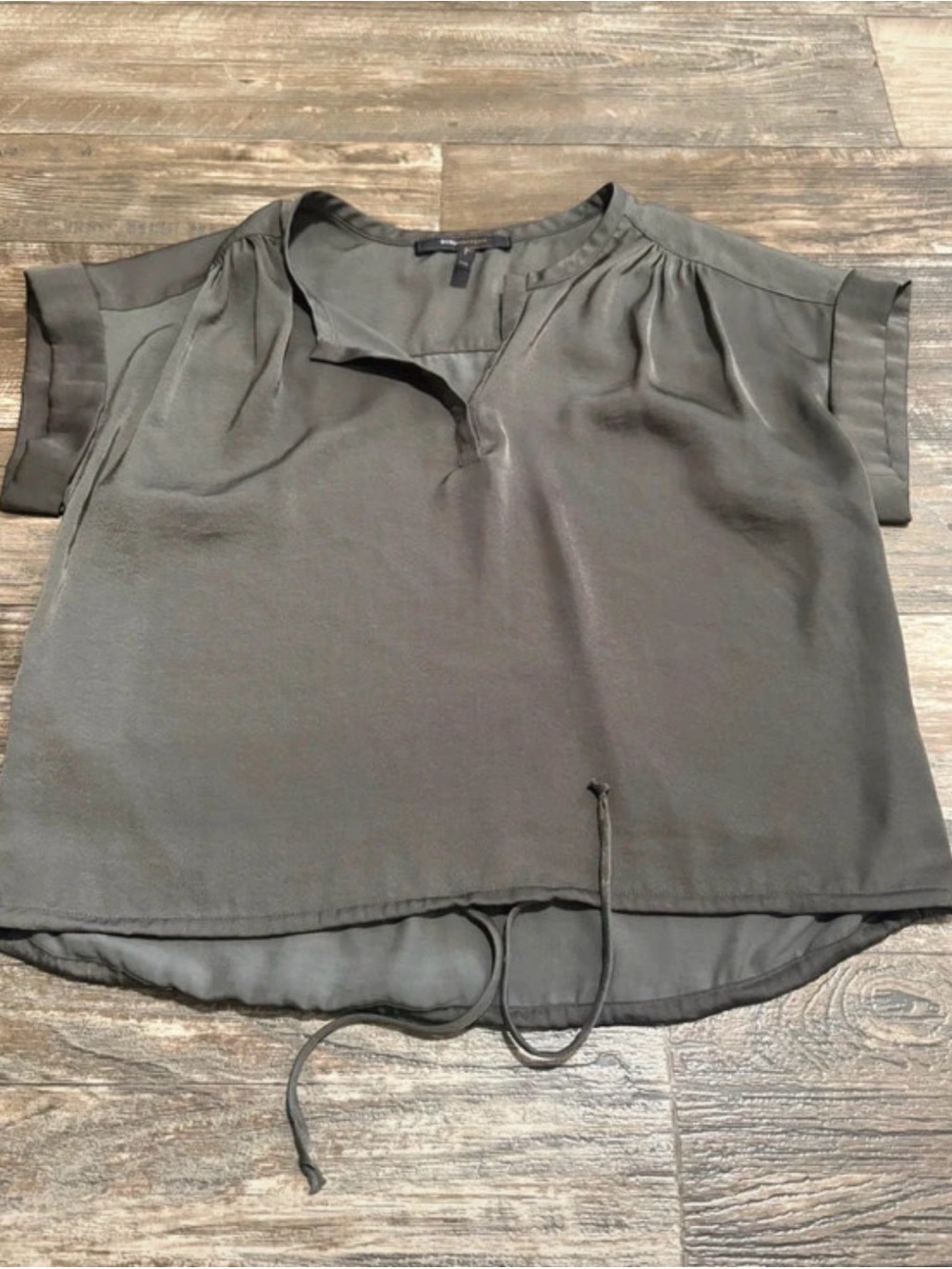 BCBGMaxAzria Olive Green V-Neck Drawstring Blouse